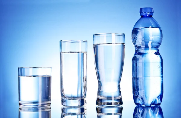 Üveg víz és pohár a kék háttér — Stock Fotó