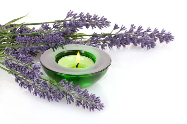 Lavender and candle isolated on white — Stock Photo, Image