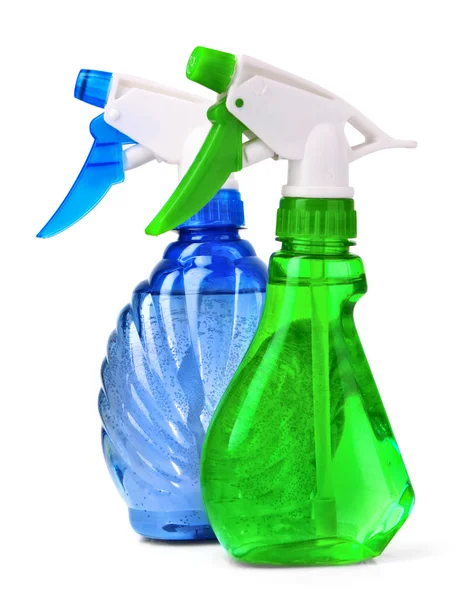 Μπλε και πράσινο Ψεκάστε την μπουκάλια που απομονώνονται σε λευκό — Φωτογραφία Αρχείου