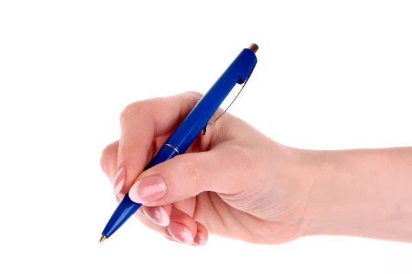 Blauwe pen in vrouw hand geïsoleerd op wit Stockafbeelding