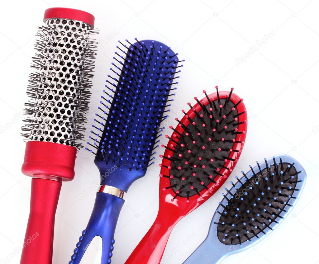 Different Types Of Hairbrushes Isolated On White Stock Photo