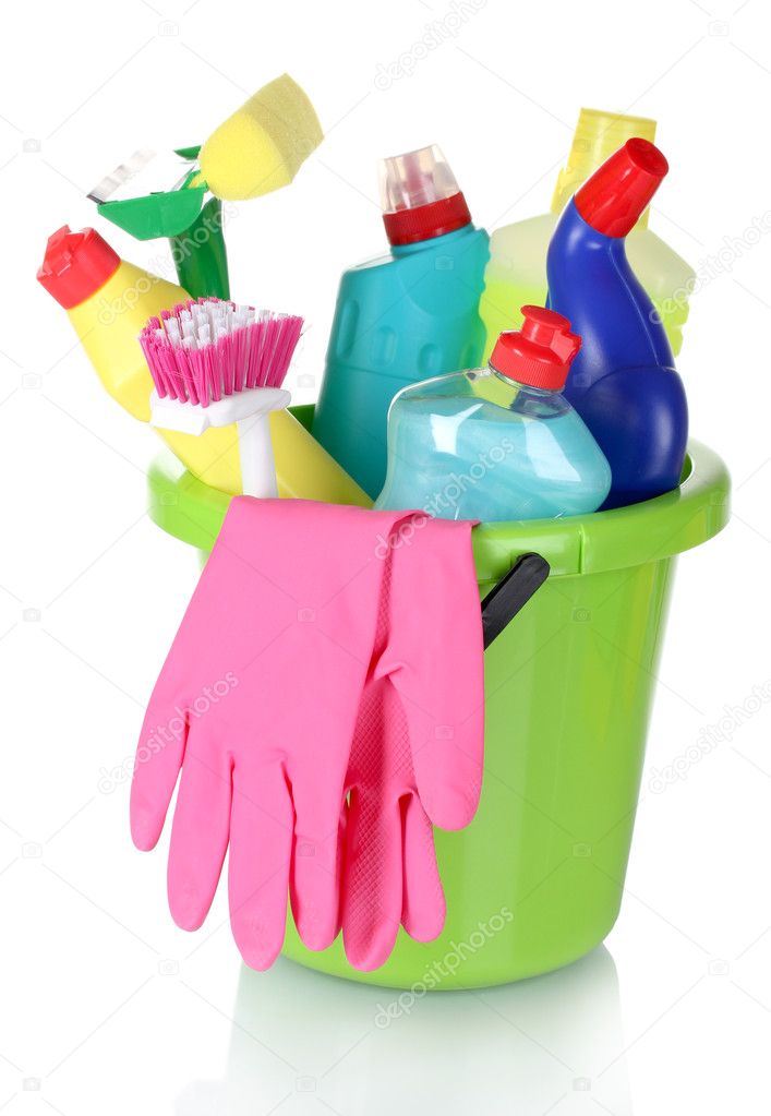 Detergent bottles, brushes, gloves and sponges in bucket
