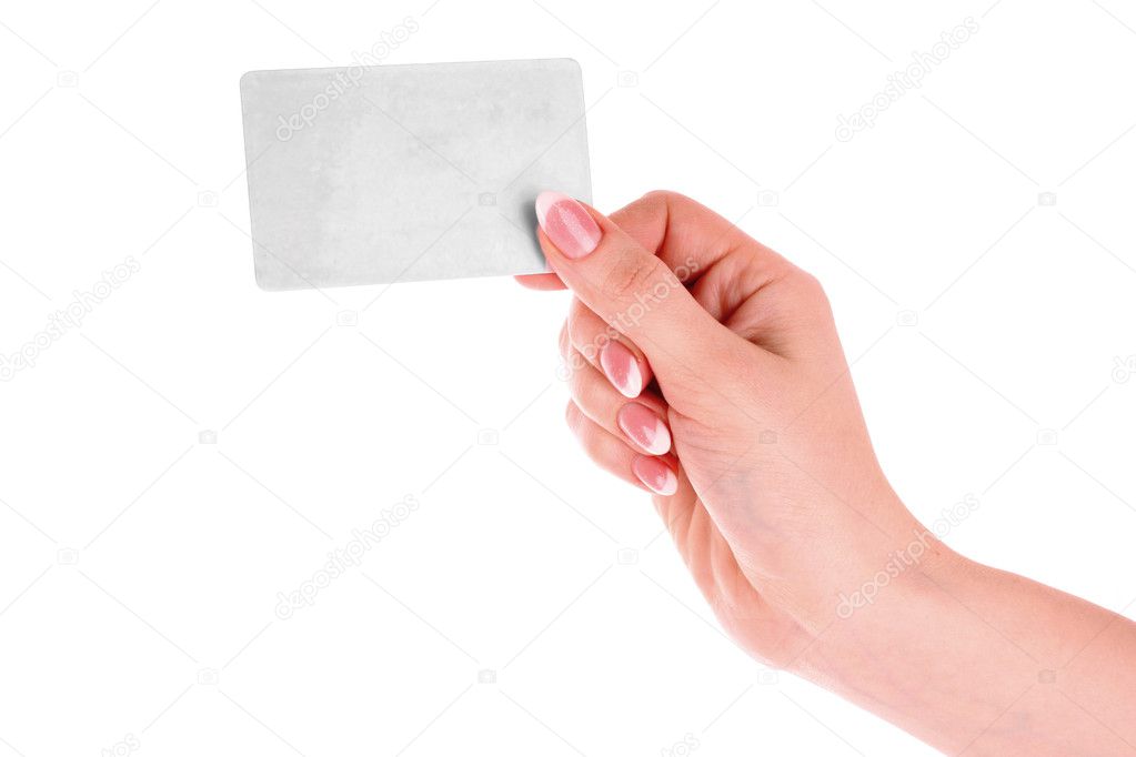 Hand and card isolated on white