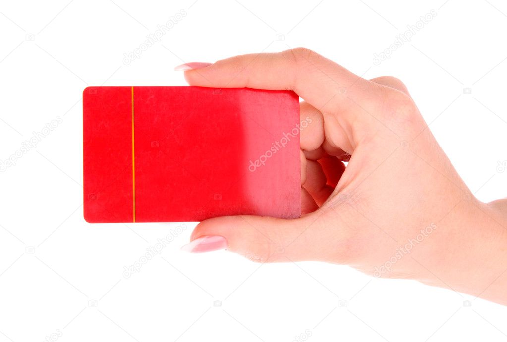 Hand and red card isolated on white