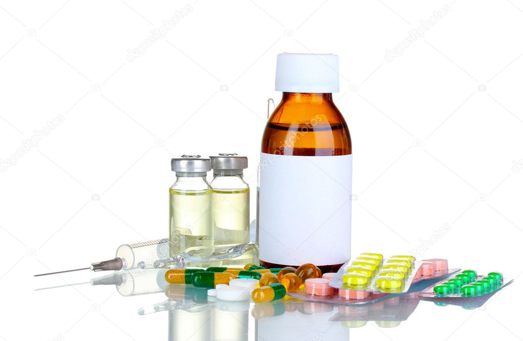 Medical bottles, ampoule, syringe and pills