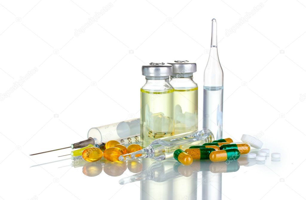 Medical ampoules, syringe and pills