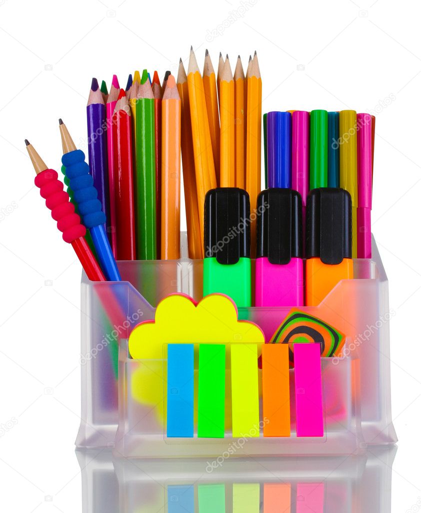 Bright pens, pencils and markers in holder