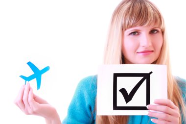Woman, plane and check symbol clipart