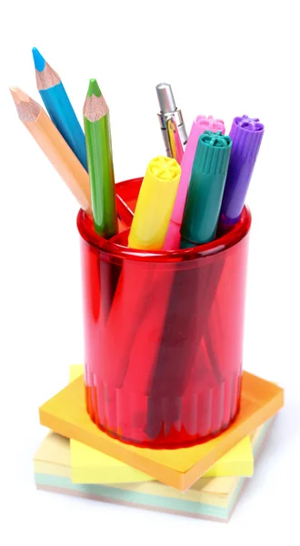 Bright pastels and markers in holder — Stock Photo, Image