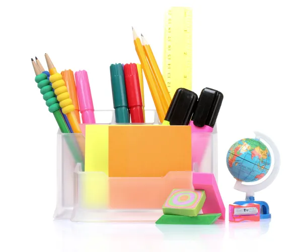 Pencils and pens in holder and the line — Stock Photo, Image