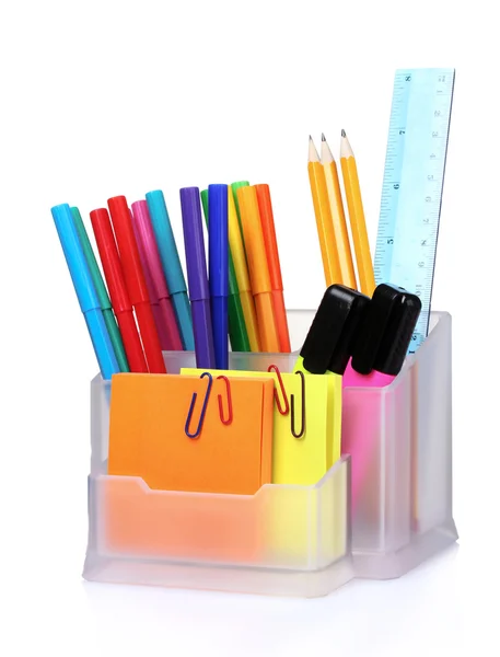 Pencils and pens in holder and the line — Stock Photo, Image