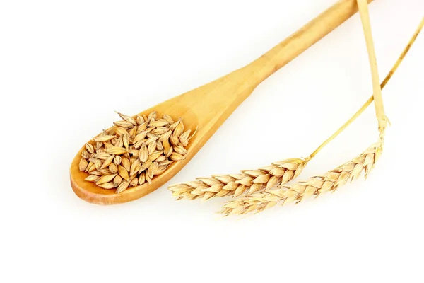 Pšenice v lžíci izolovaných na bílém — Stock fotografie