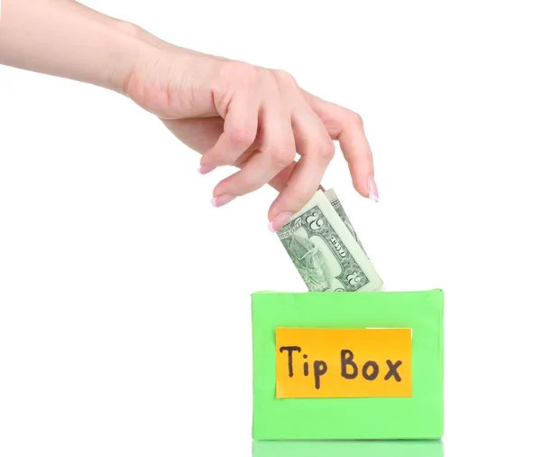 stock image Tips box for money and hand isolated on white