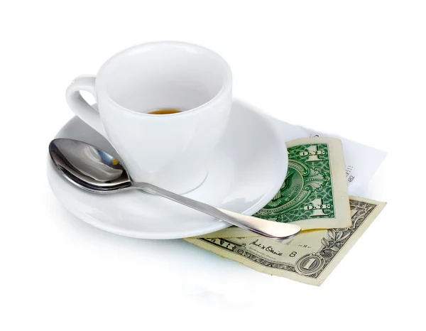 Xícara vazia de café com gorjeta de dois dólares isolada em branco — Fotografia de Stock
