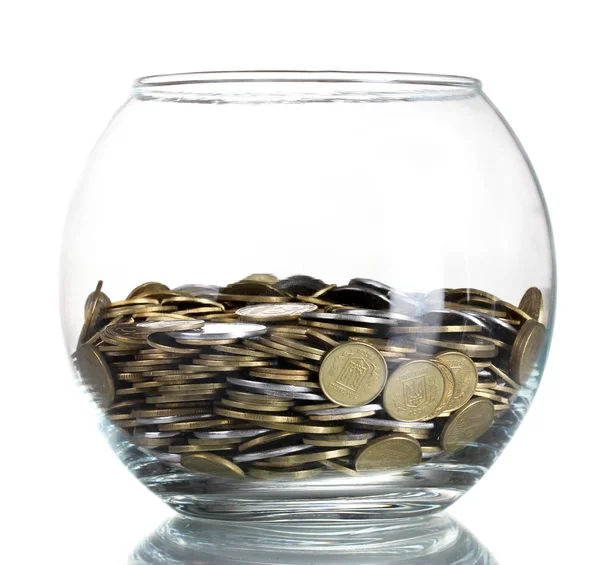 Klarglasdose für Tipps mit Geld isoliert auf weiß. Ukrainisch — Stockfoto