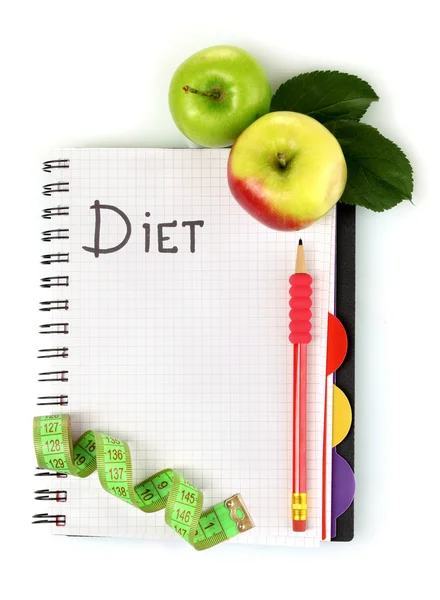 Planowania diety. Notatnik, ołówek i świeże jabłka — Zdjęcie stockowe