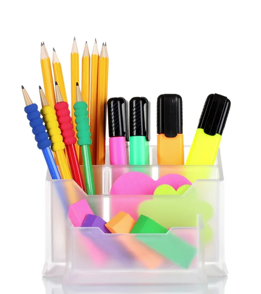 Canetas, lápis e borrachas brilhantes no suporte — Fotografia de Stock