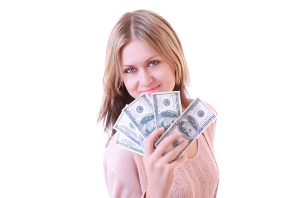 Молодая женщина с долларами — стоковое фото