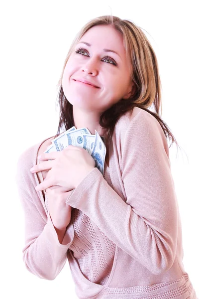 Meisje met dollars geïsoleerd op wit — Stockfoto