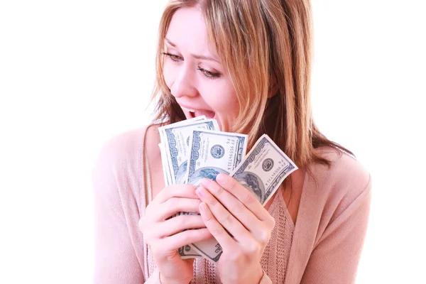 Menina com dólares isolados em branco — Fotografia de Stock
