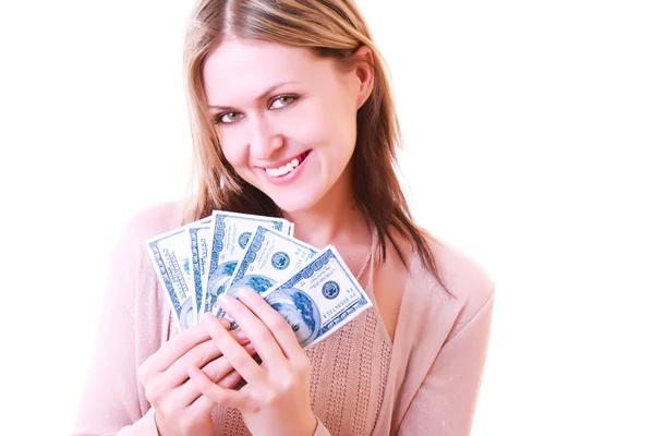 Girl with dollars isolated on white — Stock Photo, Image