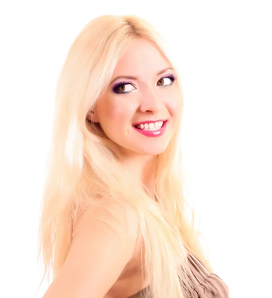 Młody piękny blond uśmiechający się kobieta na białym tle — Zdjęcie stockowe