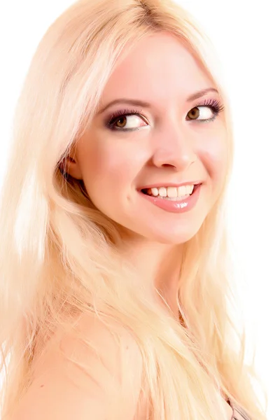 Νεαρή όμορφη ξανθιά γυναίκα χαμογελαστό απομονωθεί σε λευκό — Φωτογραφία Αρχείου