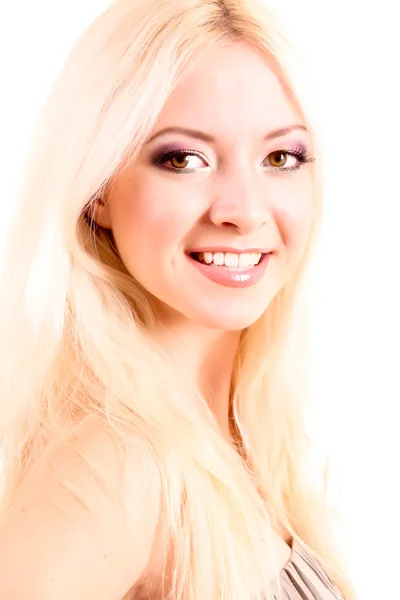 화이트에 고립 된 젊은 아름 다운 금발 웃는 여자 — 스톡 사진