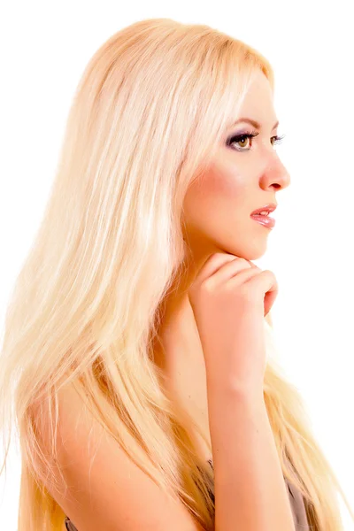 Jonge mooie blonde vrouw met de hand onder haar kin isoleren — Stockfoto