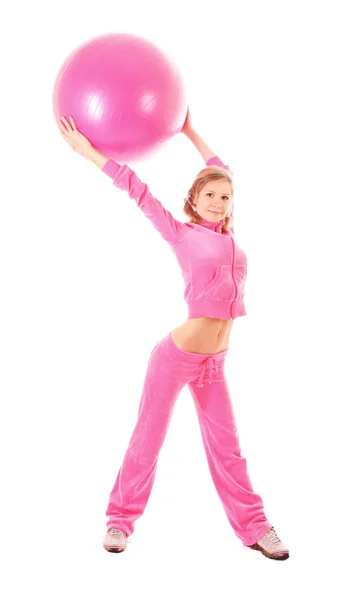 白で隔離される体操のボールを持つ女性 — ストック写真