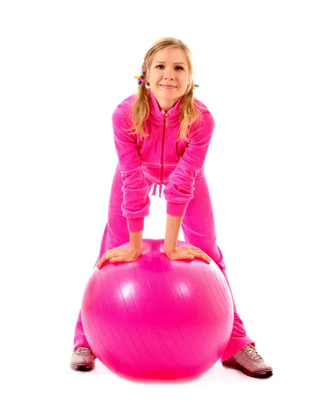 Mujer con pelota de ejercicio aislada en blanco — Foto de Stock
