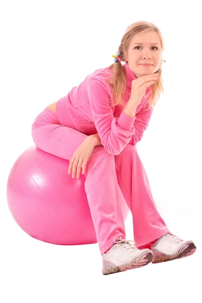Mujer con pelota de ejercicio aislada en blanco — Foto de Stock