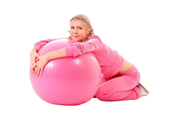 Woman with Exercise ball isolated on white — Stock Photo, Image