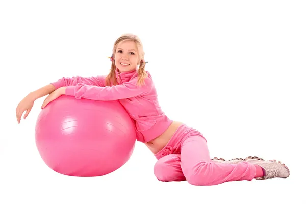 Mujer con pelota de ejercicio aislada en blanco —  Fotos de Stock