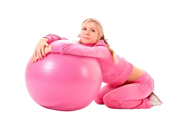 Mulher com bola de exercício isolado em branco — Fotografia de Stock