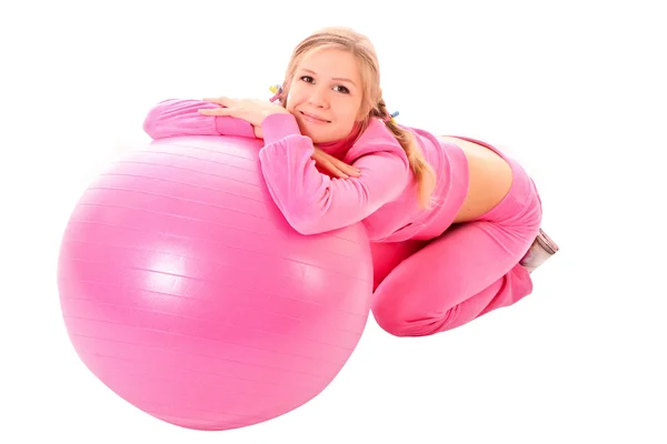 Woman with Exercise ball isolated on white — Stock Photo, Image