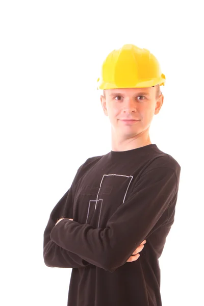 Young man in yellow helmet isolated on white — Stock Photo, Image