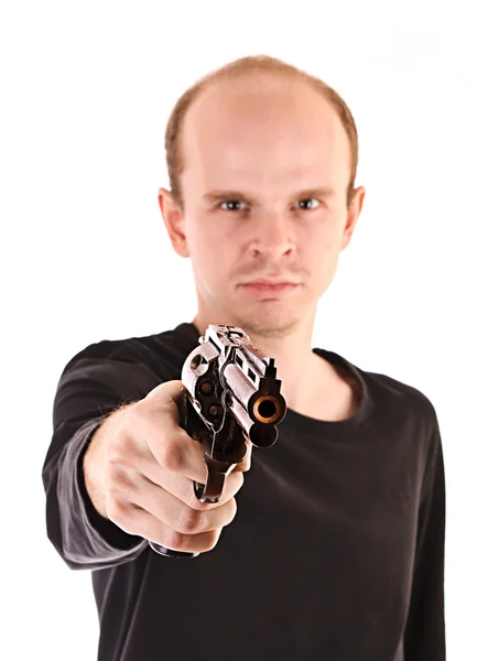 Młody człowiek zły cel z pistoletu na białym tle — Zdjęcie stockowe