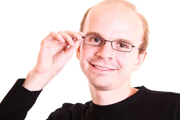 Uomo sorridente con occhiali su sfondo bianco — Foto Stock