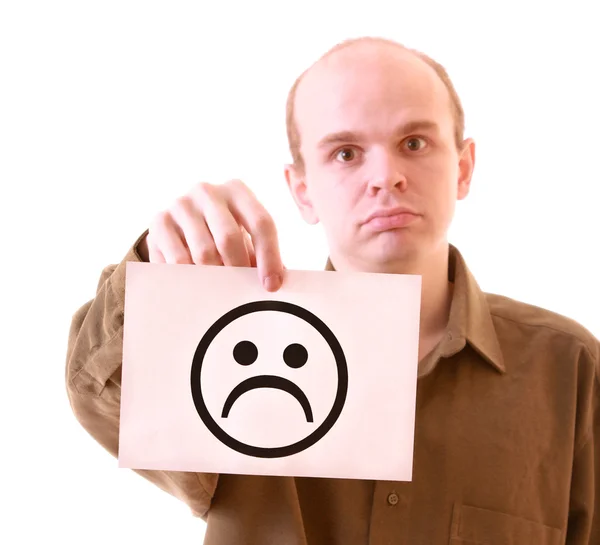 Young unhappy man with unhappy smile isolated on white — Stock Photo, Image