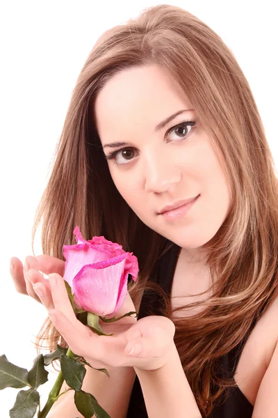 Mulher com rosa isolada em branco — Fotografia de Stock