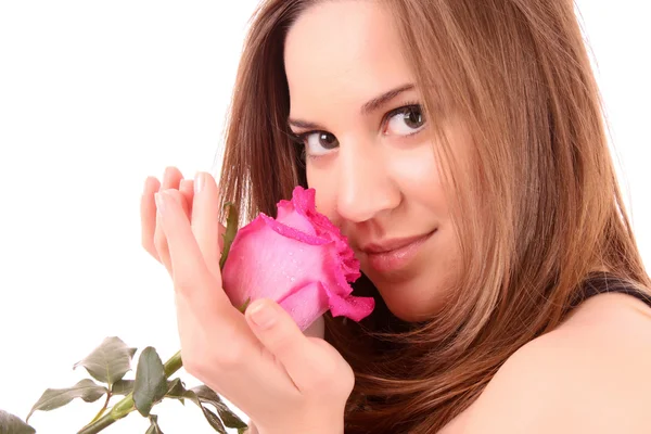 Kvinna med rose isolerad på vit — Stockfoto