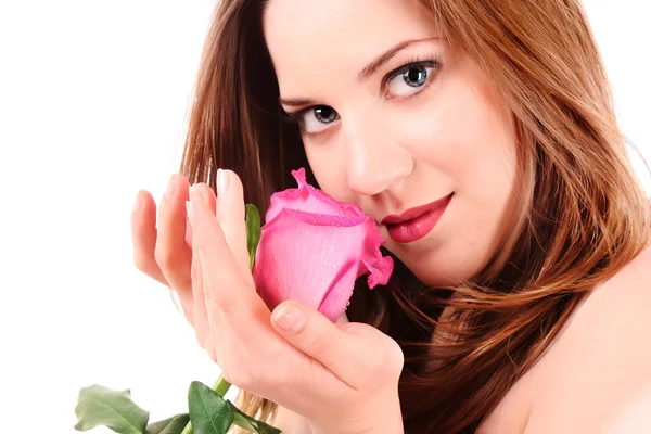 Женщина с розой изолированы на белом — стоковое фото