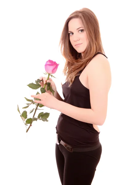 Жінка з трояндою ізольована на білому — стокове фото