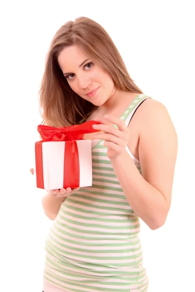 Woman with present box isolated on white — Stock Photo, Image