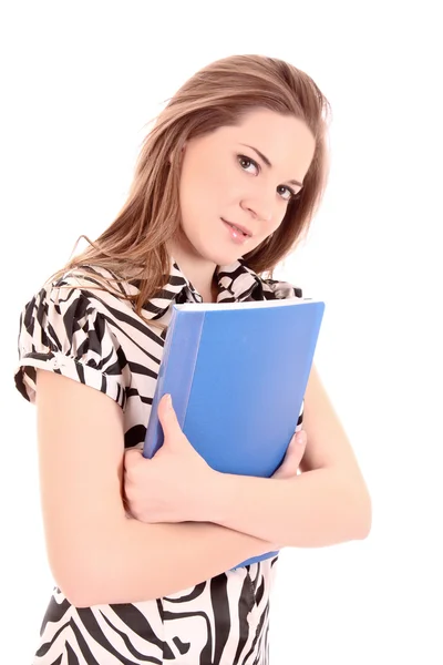 Obchodní žena s úsměvem a držící modrou složku izolovaných na whi — Stock fotografie