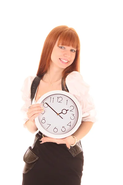Hermosa mujer de negocios con reloj aislado en blanco — Foto de Stock