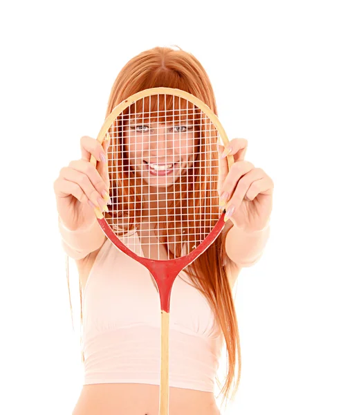 Güzel bir kadın ile üzerine beyaz izole tenis raketi — Stok fotoğraf