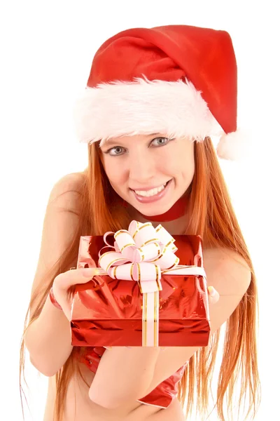 Beautiful redhead woman with Christmas present in hands isolated — Stock Photo, Image