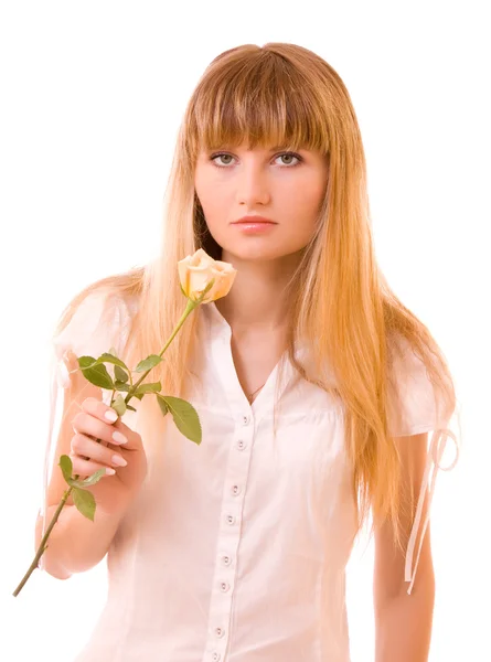 Schöne junge Frau mit Blume über Weiß — Stockfoto